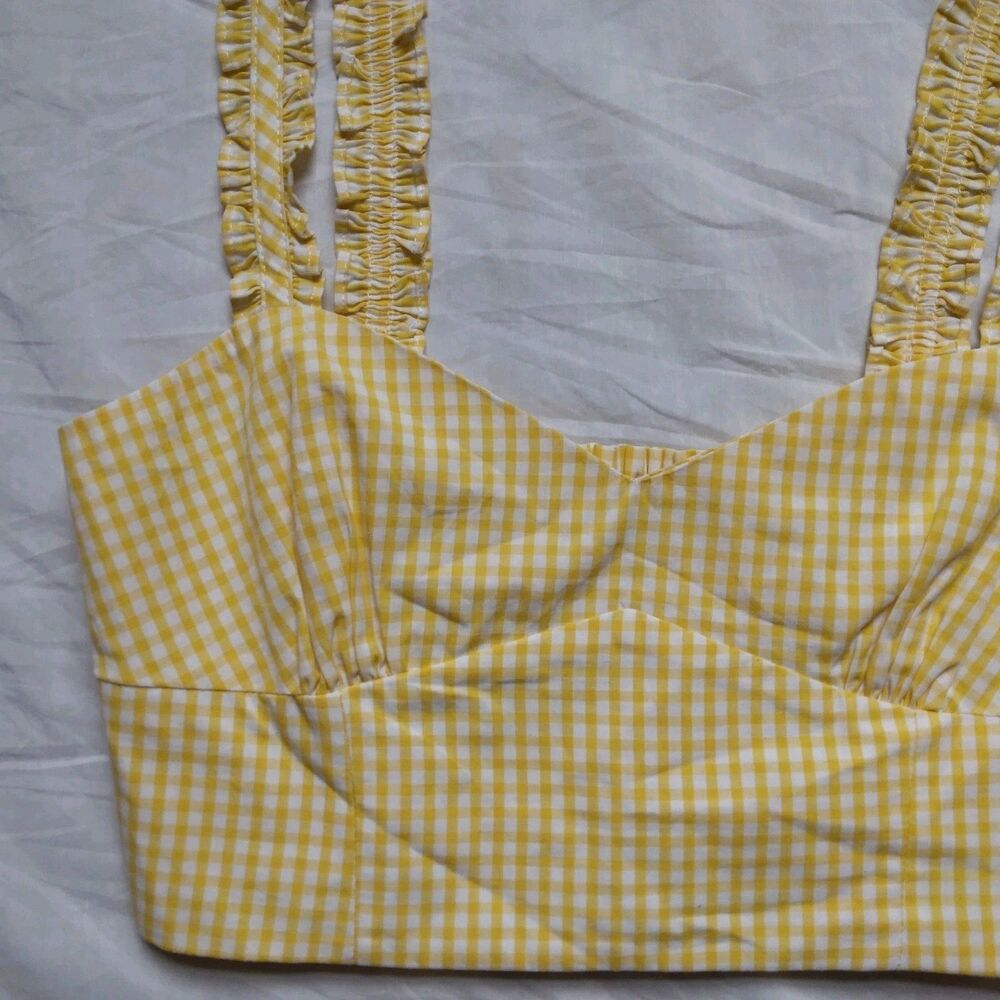 Zara Cropped Yellow White Gingham Tank Top Western Daisy Duke Boho Womens Small - Picture 6 of 12